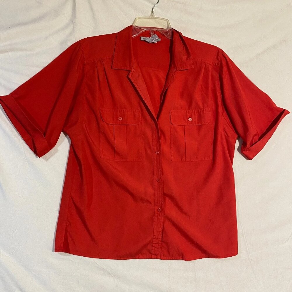 Vintage Laura And Jayne Button-Up Shirt Womens 12 Red Cuffed Sleeve Flap Pockets
